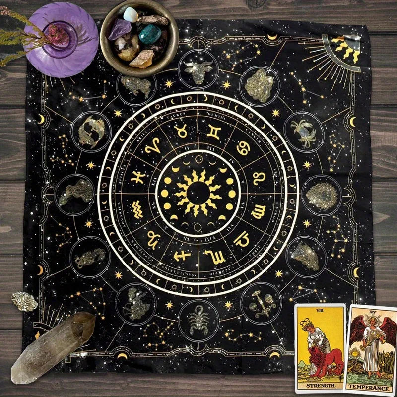 VIKAMA Wandteppich mit schwarzem Gold-Tarot-Print, für Wohnzimmer, Schlafzimmer, Wahrsagerei-Tischdecke, Heimdekoration, waschbar, schmutzabweisend, Wandbehang