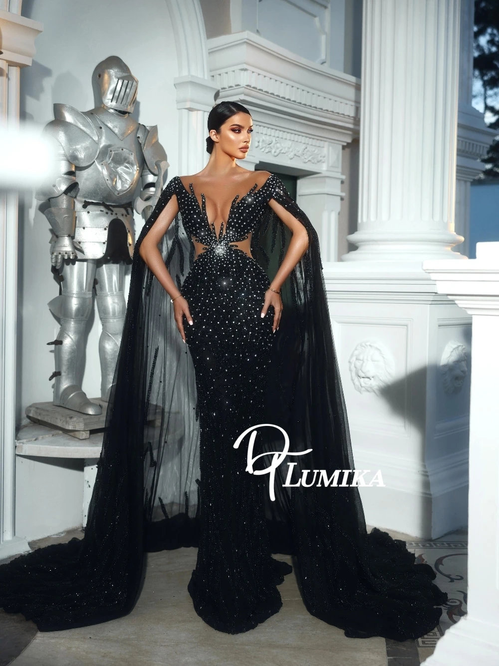 

Black Sequin Evening Dress With Sheer Cape Sparkly Backless Beaded Sexy Prom Party Gala Wedding Guest Formal Gown Plus Size