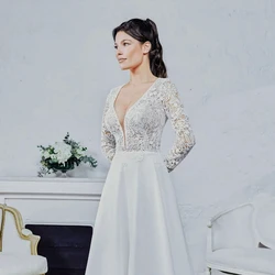 Wedding Dresses deep V-neck long-sleeve Vestido De Noiva Elegant lace appliqued ball gown court train custom plus size