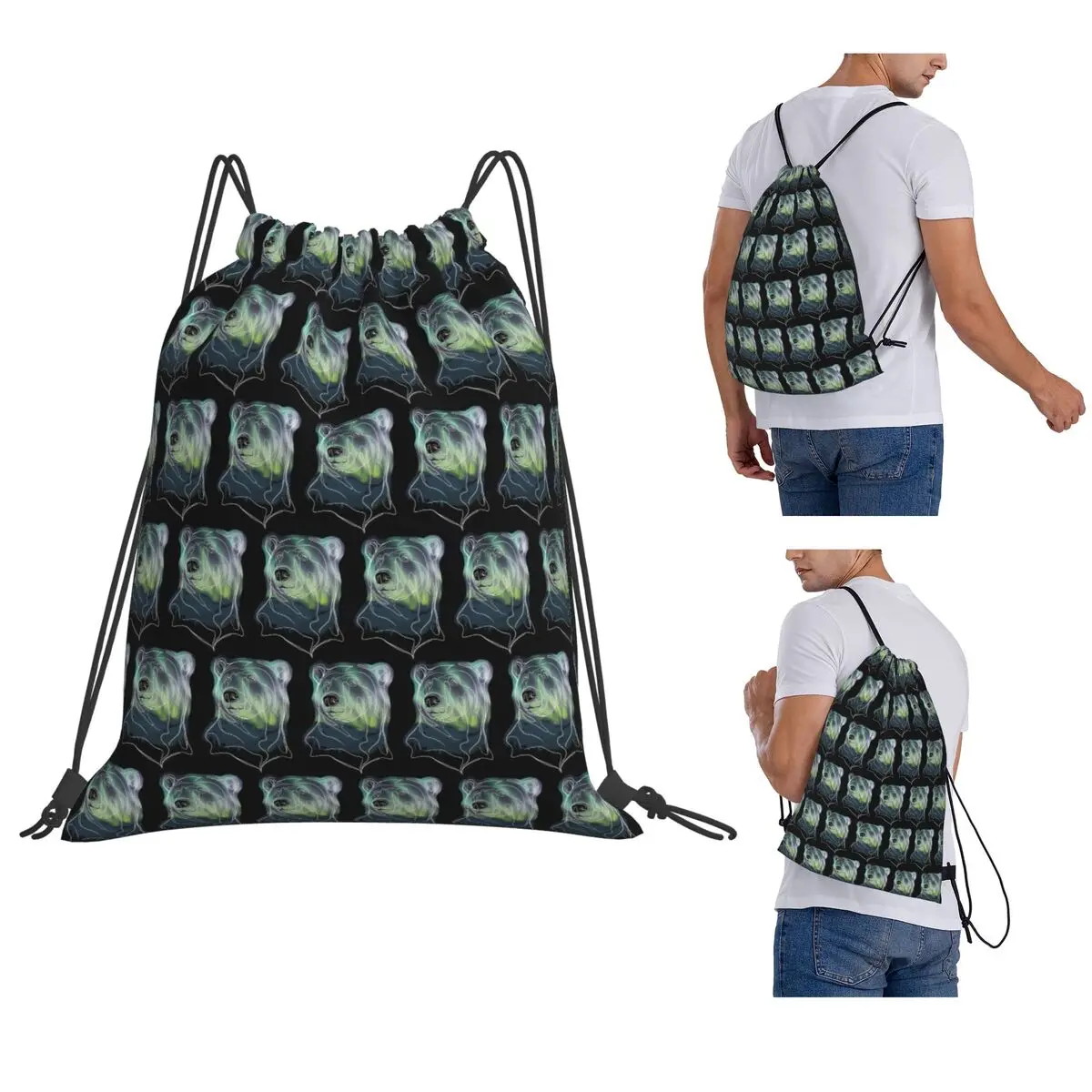 Polar Bear In Northern Lights Backpacks Casual Drawstring Bags Sports Bag Book Bags for Man Woman School