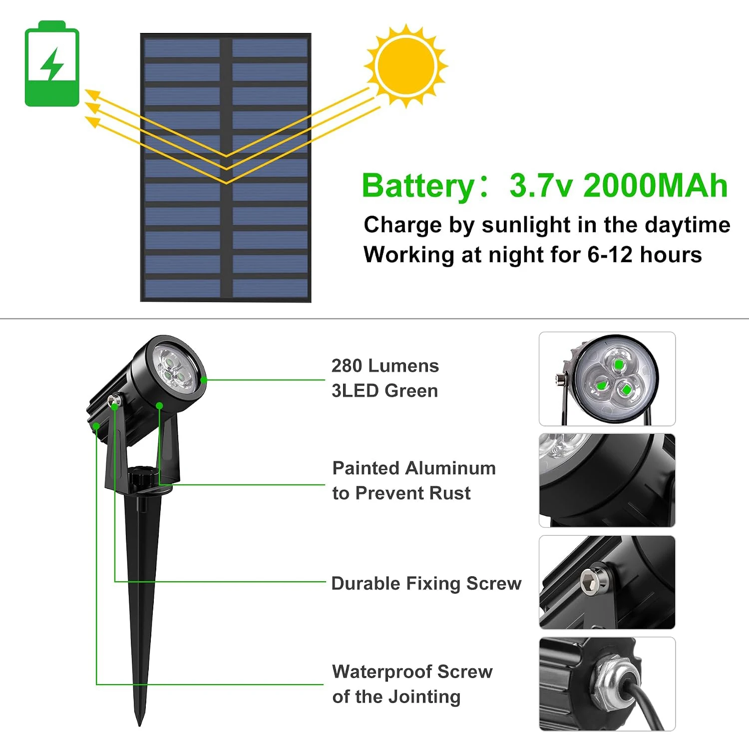 2pc Aluminum Green/Blue/3000k/6000K Solar Spotlight Solar Power Light IP65 Wall Light Landscape Light For Garden Decor