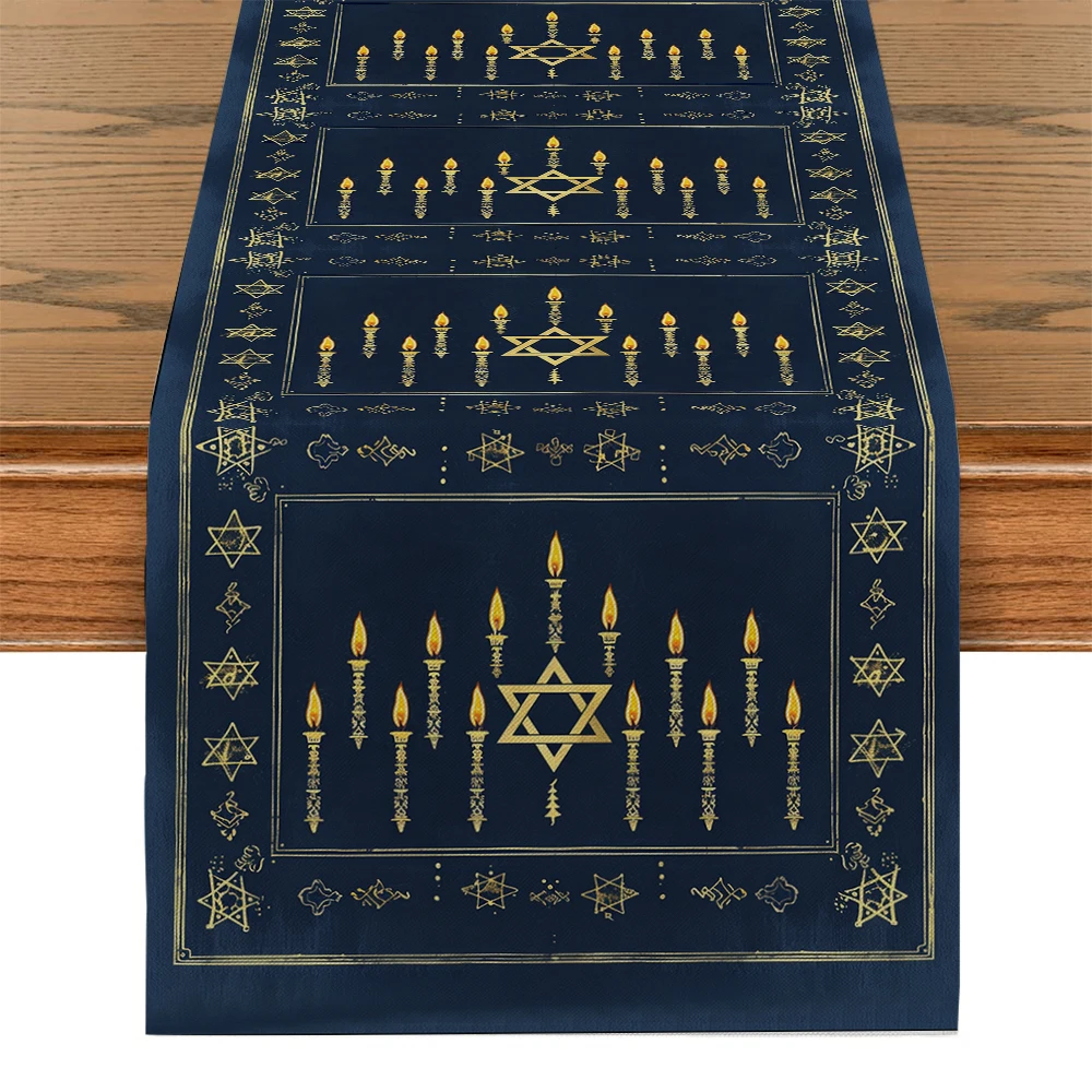 Hanukkah Menorah Hexagram Table Runner Wedding Decoration Cloth Dining Decor Coffee Table Runners Washable Dining Long Cloth