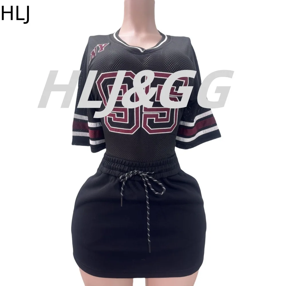 HLJ Y2K Streetwear Women V Neck Letter Print Hollow Loose Tshirts And Drawstring Mini Skirts Two Piece Set Fashion 2pcs Clothing