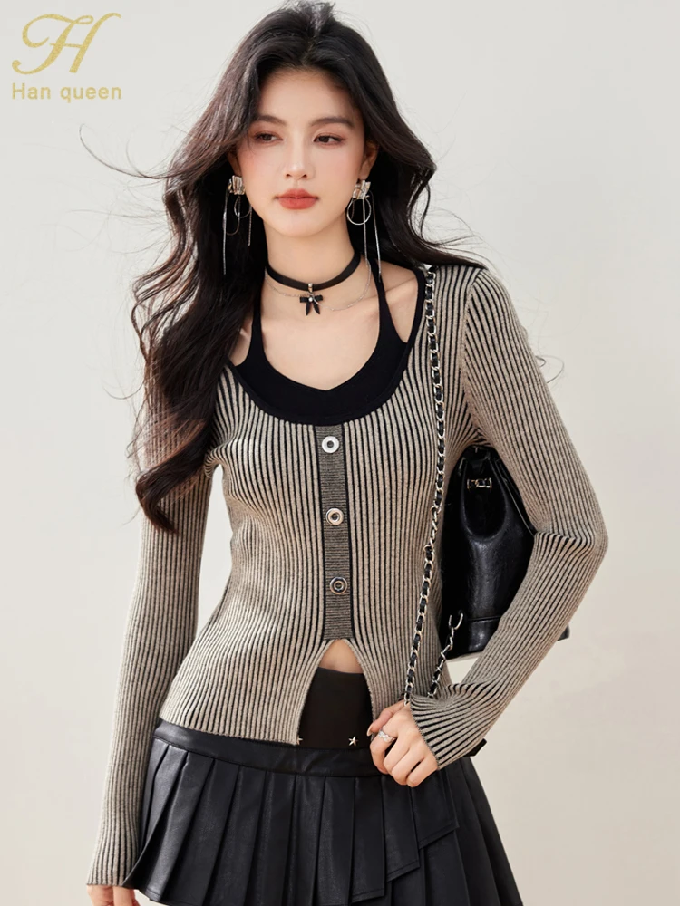 

H Han Queen 2025 Autumn Color blocked stripes Vintage Pullovers Sweater Woman Clothing Fashion Casual Basic Long Sleeve Sweaters