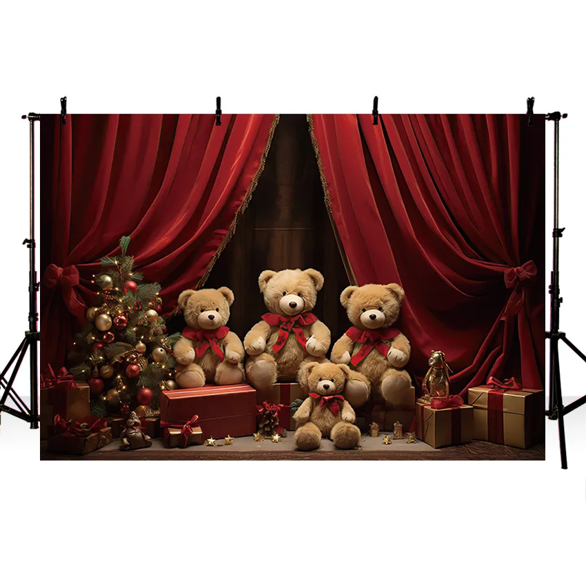 Mehofond-Natal Toy Bear Backdrop para Crianças, Retrato De Família, Festa De Aniversário, Fotografia, Árvore De Natal, Cortina Vermelha, Decoração De Fundo