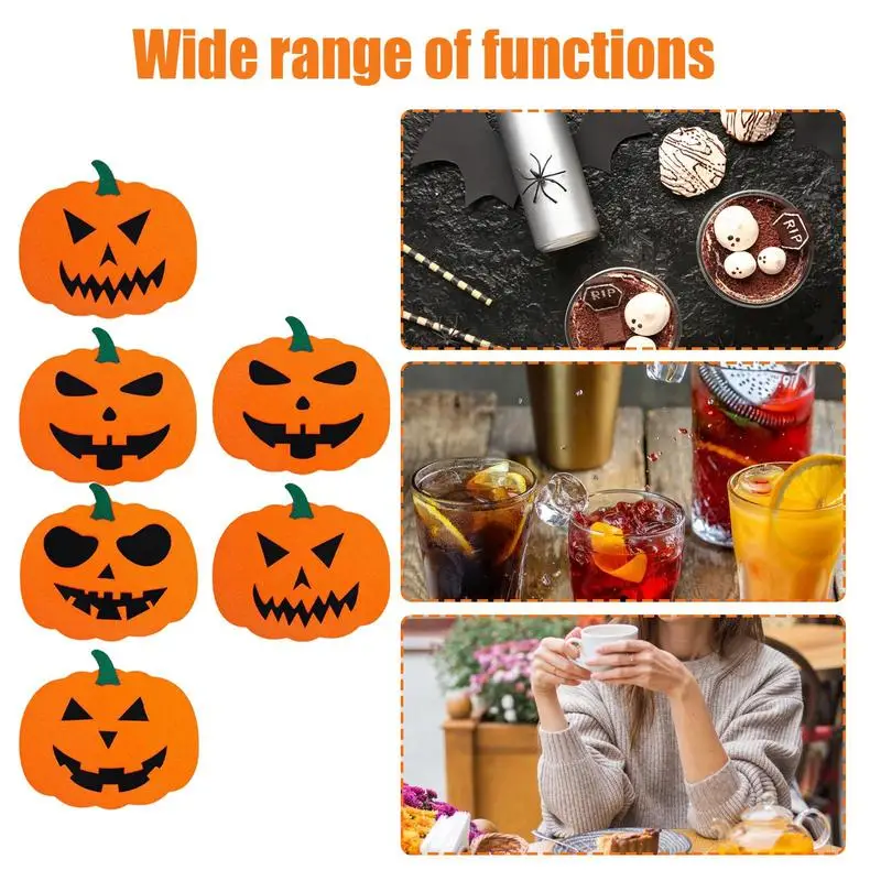 Halloween Cup Mat 6pcs Felt Coasters For Drinks Non-Slip Felt Orange Pumpkin Felt CoasterHalloween Coffee Bar Decor Heat