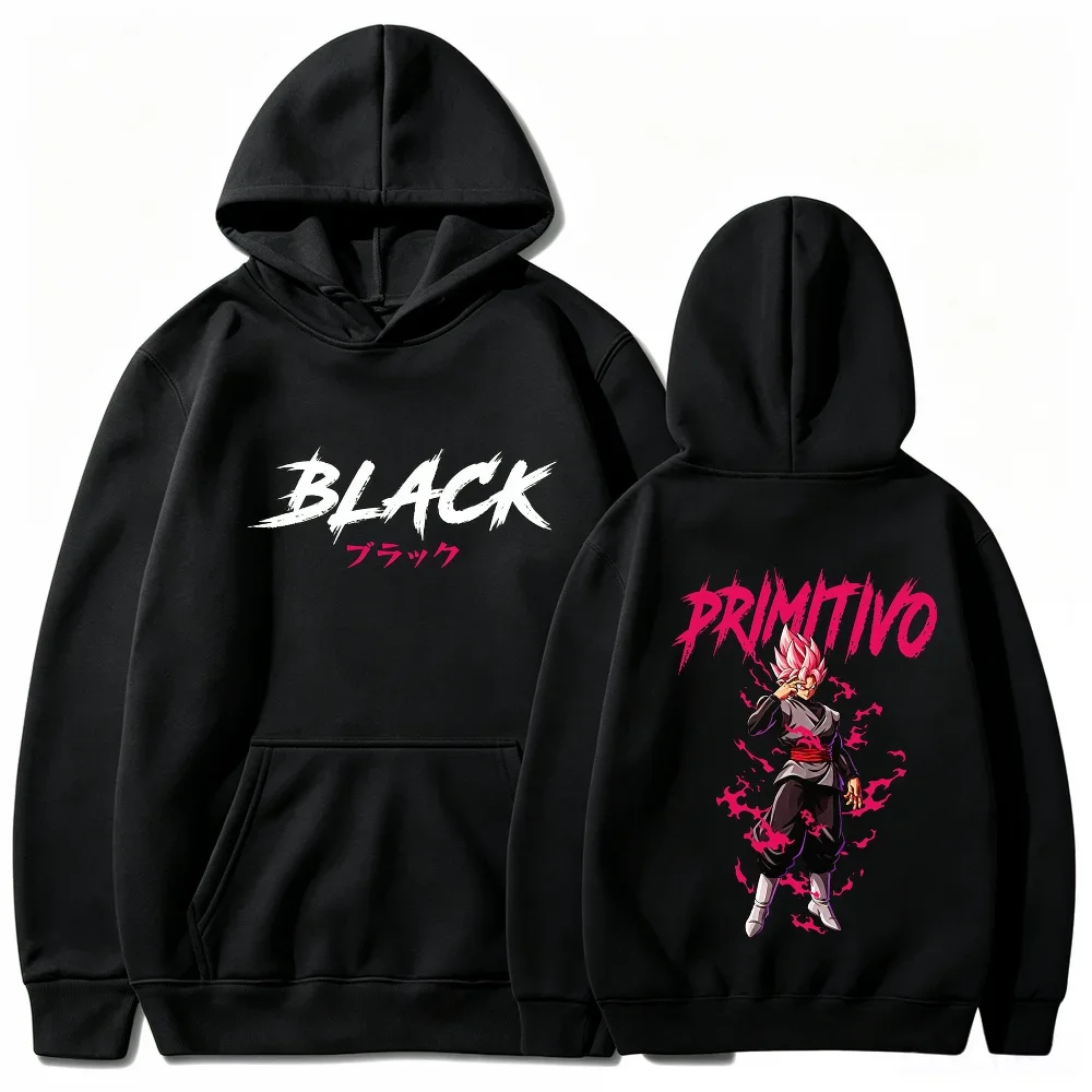Anime DBS Hoodie, Goku Black Rosé Character Art With Japanese Text Front & Back Print Long Sleeve Casual Pullover Sweatshirt