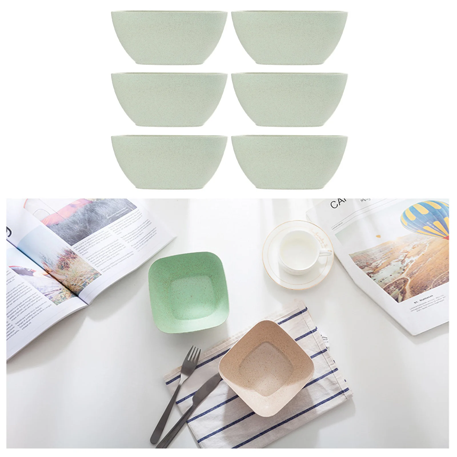 

6pcs Eco Friendly Wheat Straw Salad Bowls Soup Rice Instant Noodles Dishwasher Safe Cutlery Set Lightweight Reusable