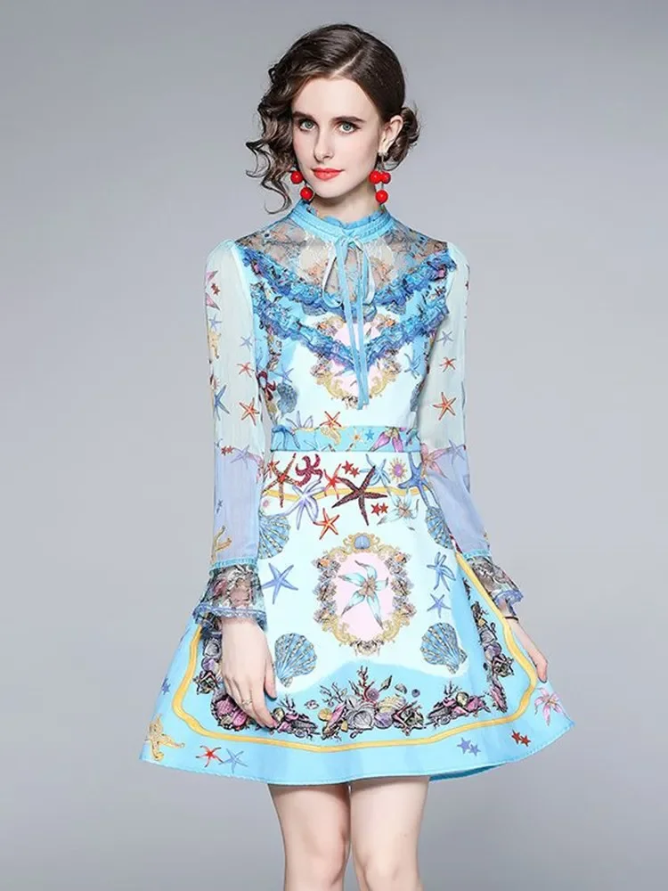 2023 Runway Spring Autumn Blue Mini Dress Women Edible Tree Fungus Long Flare Sleeve Starfish Print Short Party Vestidos