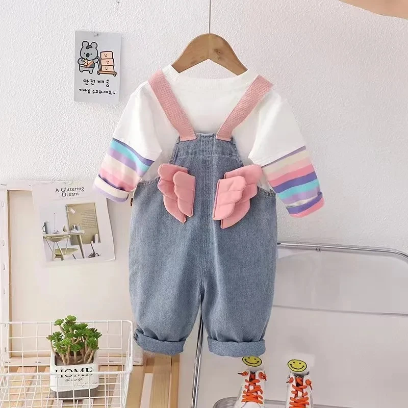 Girls' Autumn Denim Strap Pants Set 2023 New Korean Edition Foreigner Children's Long Sleeve T-shirt Pants Two Piece Set