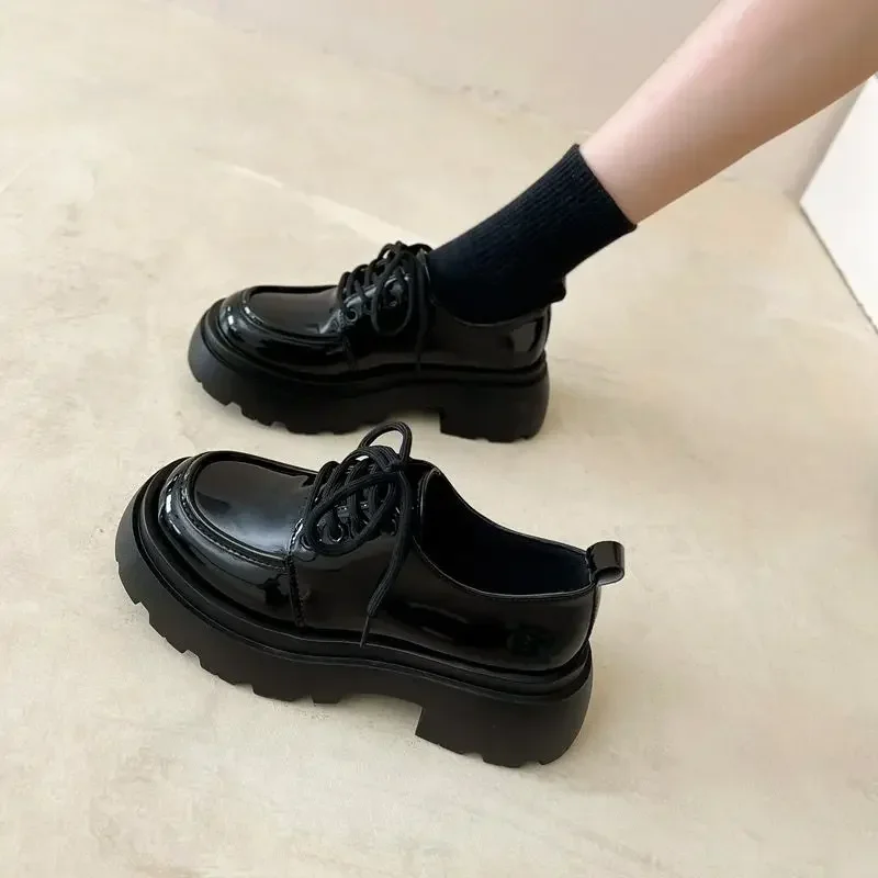 Women\'s Shoes Platform Flats Autumn Black Loafers Fashion Comfortable Leather Shoes Lace-up Outdoor Casual Oxfords Zapatos Mujer