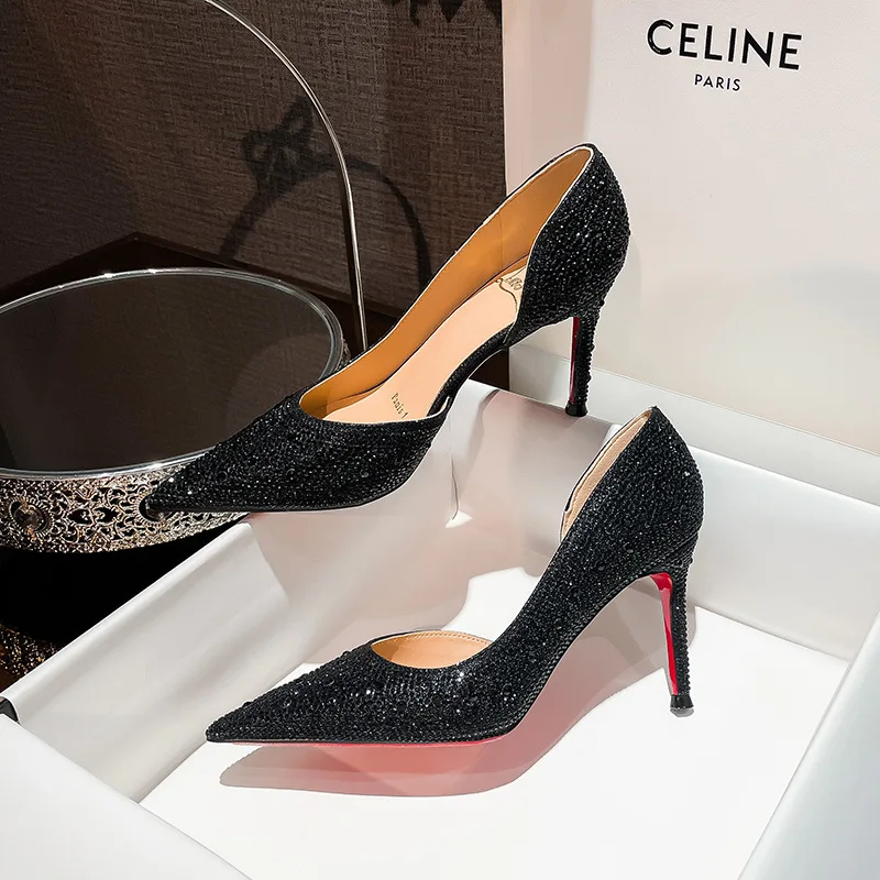 Spring Fashion Versatile High Heels, Black Rhinestone Single Shoe, Red Sole, Slim Heel, Elegant Women's Shoes