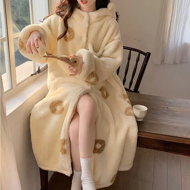 Doughnut Robe Women Sleepwear Nightdress Winter Night Wears Warm Fleece Pajama One Piece Nightgown Hooded Long Sleeve Homewear