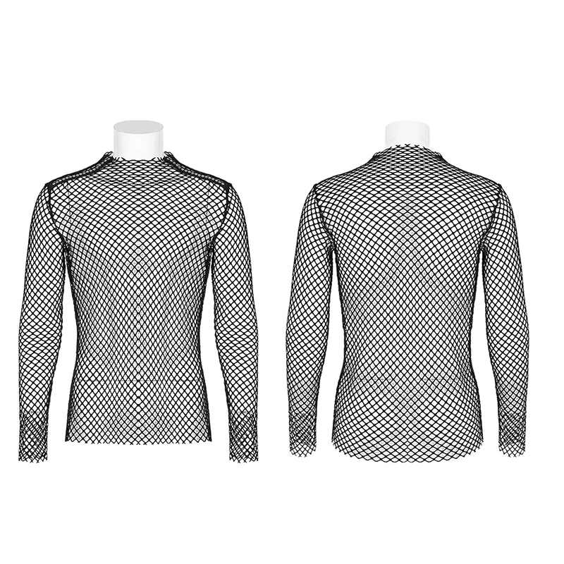 PUNK RAVE Men\'s Punk Sexy Gauze Rough Edges Slim T-shirt Long Sleeve Black Tops Spring and Summer T Shirts for Men