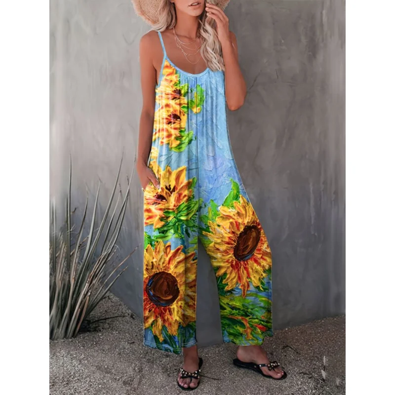 

Spring Summer Casual Women's Strap Long Pants Autumn New Hot-Selling Printed Sleeveless Jumpsuit for Women