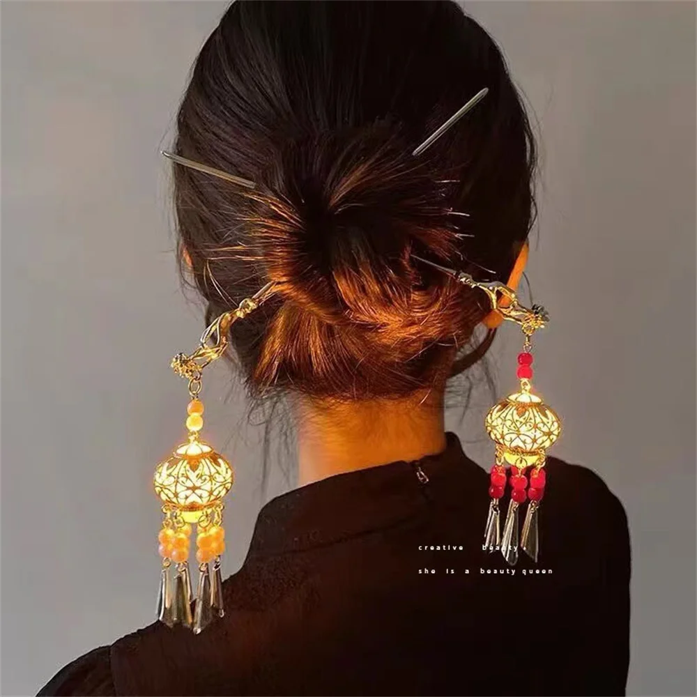 Vintage Luminous Lantern Tassel Hair Sticks Women Elegant Chinese Style Chopstick Hairpins Metal Jewelry Wedding Party Headwear