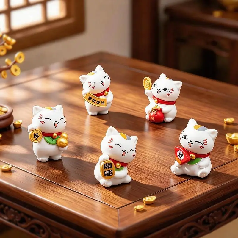 【MA】6 PCS Mini Resin Lucky Cat Figurine Set Cute Design Good Fortune Blessing Ideal For Home Office Desktop Car Decor