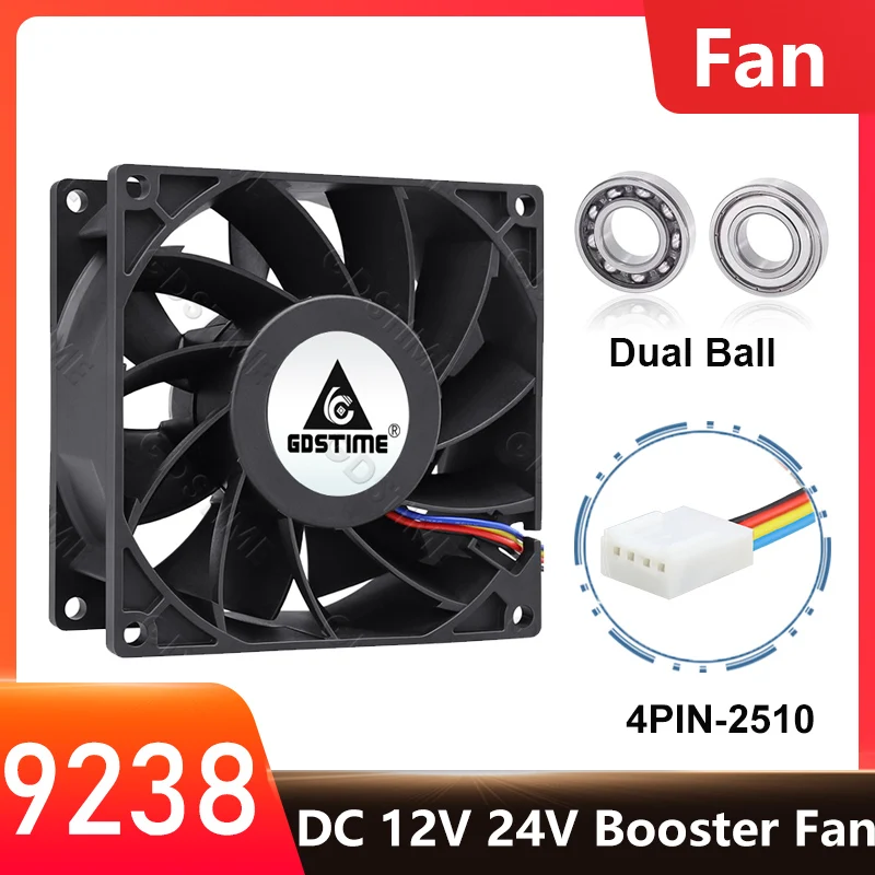 Gdstime 9238 DC 12V 24V 4 Pin PWM Connector Brushless Radiator 92MM Dual Ball Inverter Cooler 92x92x38mm Booster Cooling Fan