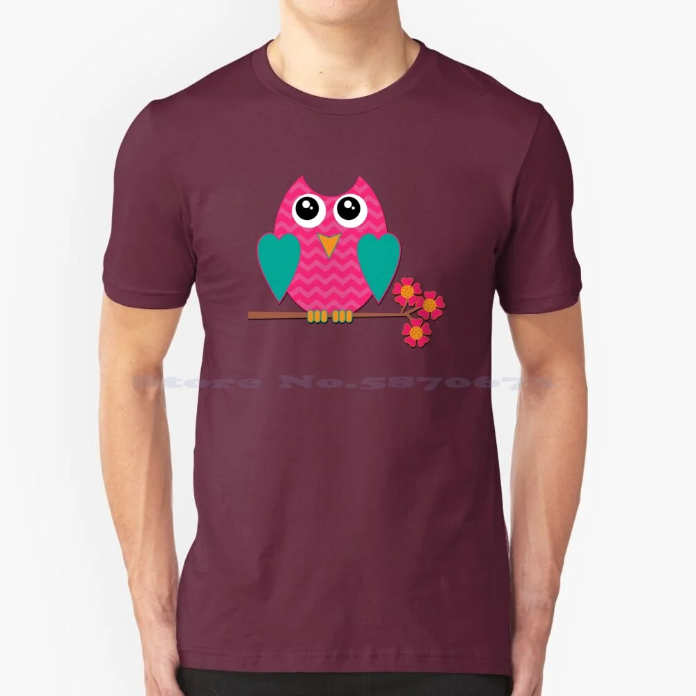 Pink Owl Valentine's Day | Cherie's Art T Shirt 100% Cotton Tee Birds Cute Whimsical Owls Pink Aqua Hearts Flowers Valentines