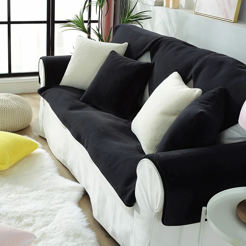 Rabbit Plush Solid Color Sofa Cushion Cushion Thick Warm Non-slip Water Can Wash The Sofa Cover