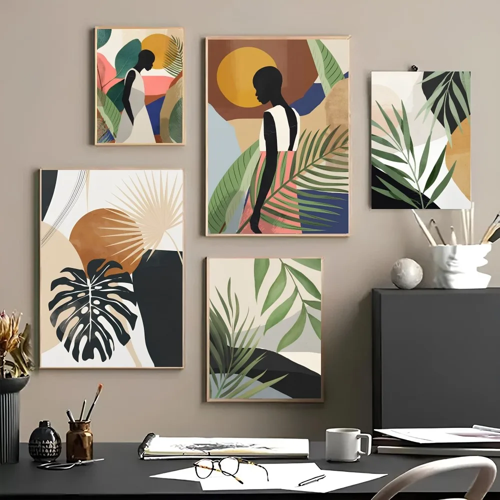 1PC Abstract African Woman Flower Leaves Self-adhesive Art Waterproof Paper Sticker Coffee House Bar Room Wall Decor