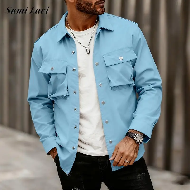 

Daily Casual Mens Turn-down Collar Jackets Spring Autumn Vintage Pockets Cargo Coats Men's Leisure Solid Color Cardigan Top