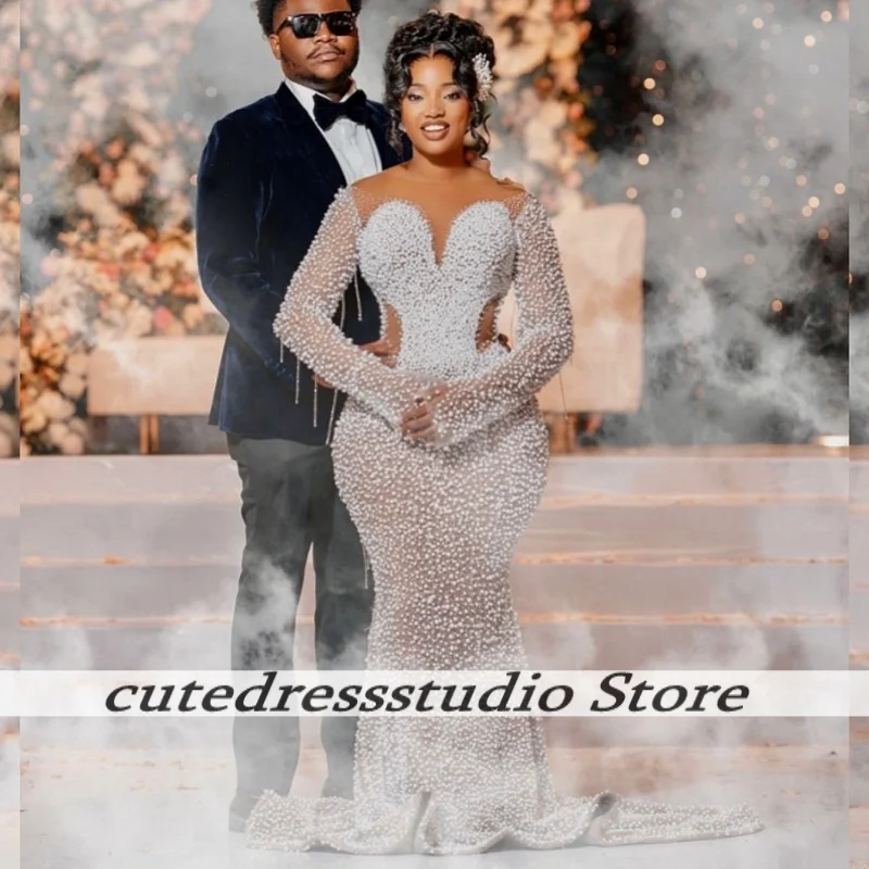 

Luxury Pears Mermaid Wedding Dresses For Women 2025 African Long Beaded Bridal Gowns Vestidos De Novia Females Luxury Customized