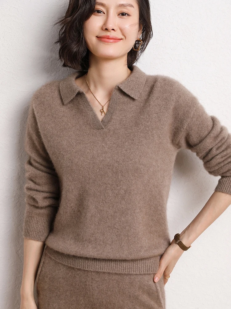 TLOML 여성용 100% 캐시미어 스웨터 턴 다운 칼라 v 넥 풀오버 캐시미어 니트웨어 정장 가을 겨울 부드럽고 따뜻한 캐주얼 탑