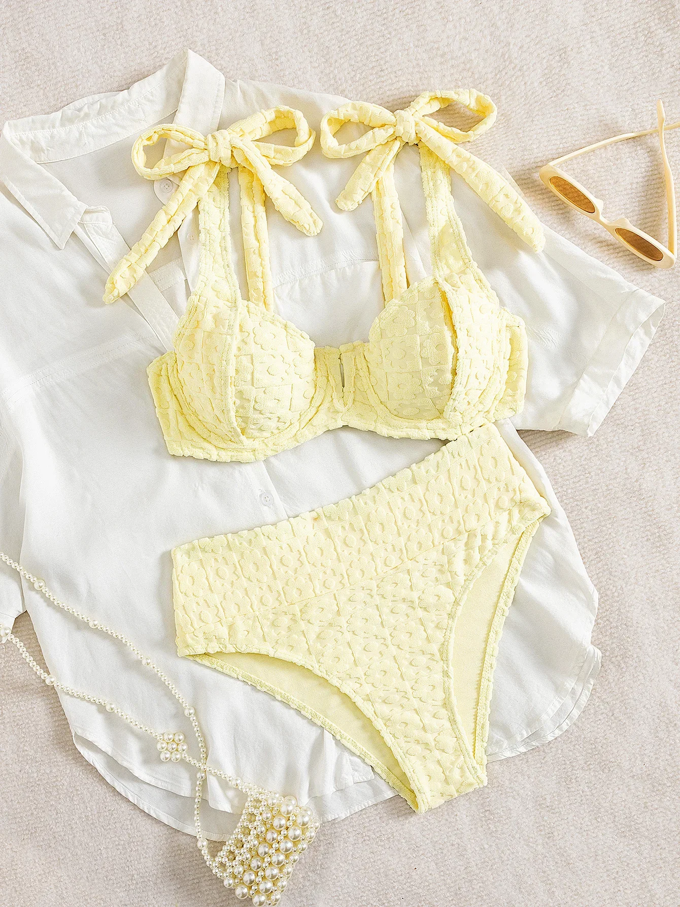 

Sexy yellow bikini set 2025 women tie strap push up underwire high wiast swimsuit summer bathing suit two piece swimwear biquini