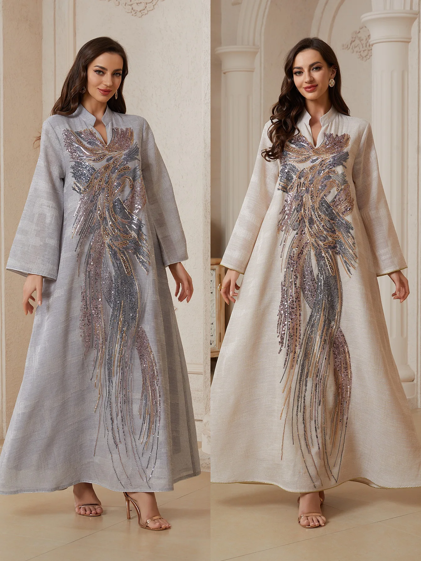 Elegant Abaya Dress Dubai Sequin Mesh Abaya Robe Embroidered Tulle Long Jalabiya Gown Muslim Evening Party Abaya Maxi Gown