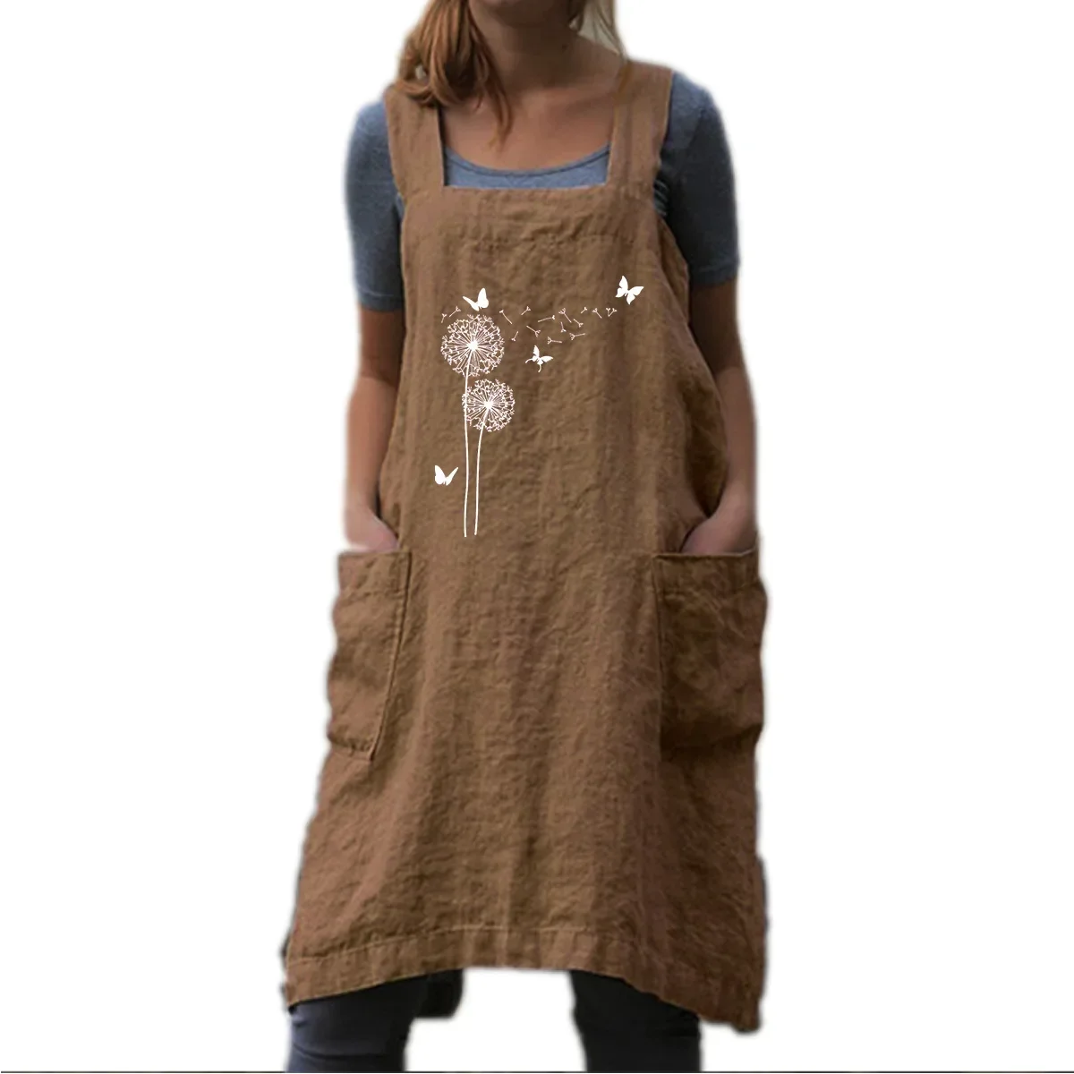 Women\'s S-4XL size Personalized printed cotton and linen apron long circumference home wear loose linen long dress