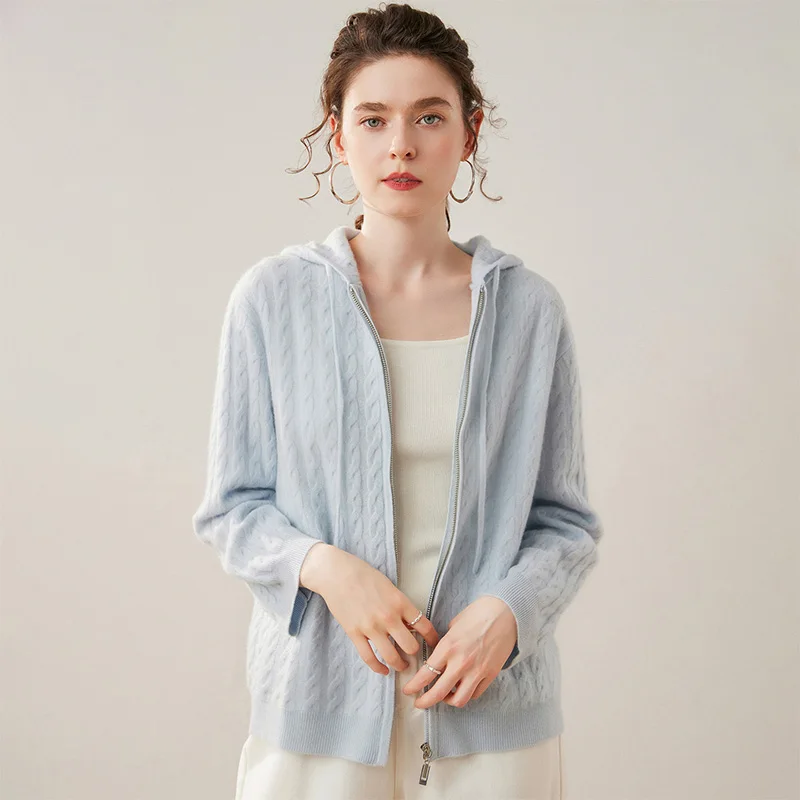 

New 100% Cashmere Cardigan Cable Sweater Autumn Winter Women's Twist Flower Hooded Zip-up Soft Comfort Casual Knitted Jackets