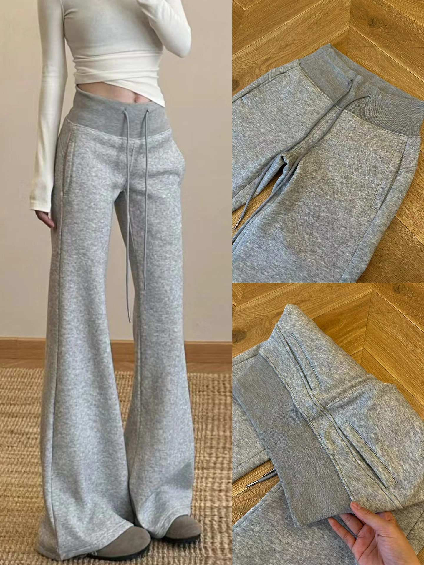 Grey High Waist Hoof Flared Sweatpants Women Autumn Pocket Detail Wide Leg Casual Commute Sports Trousers