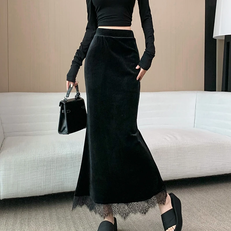 Faldas largas elegantes de terciopelo negro para mujer, ropa Y2k de encaje de cintura alta, ropa de calle coreana, falda de longitud media para mujer