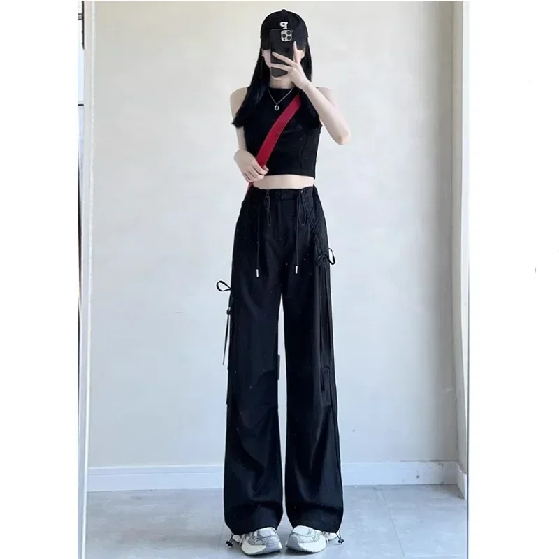 Pop Pop American Style Parachute Work Pants Women High Waist Slimming Butterfly Knot Wide Leg Long Pants High Quality New Summer