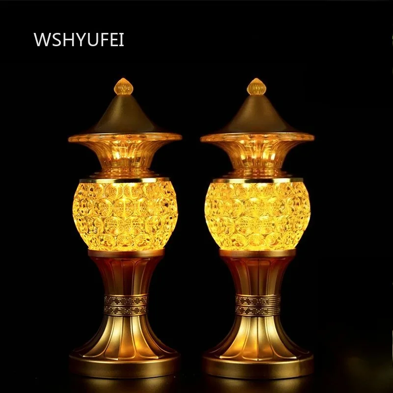 LED Crystal Buddha Offering Lamp Antique Golden Embossed Pattern Electronic Prayer Light Home Shrine Ancestor Hall Worship Lamp