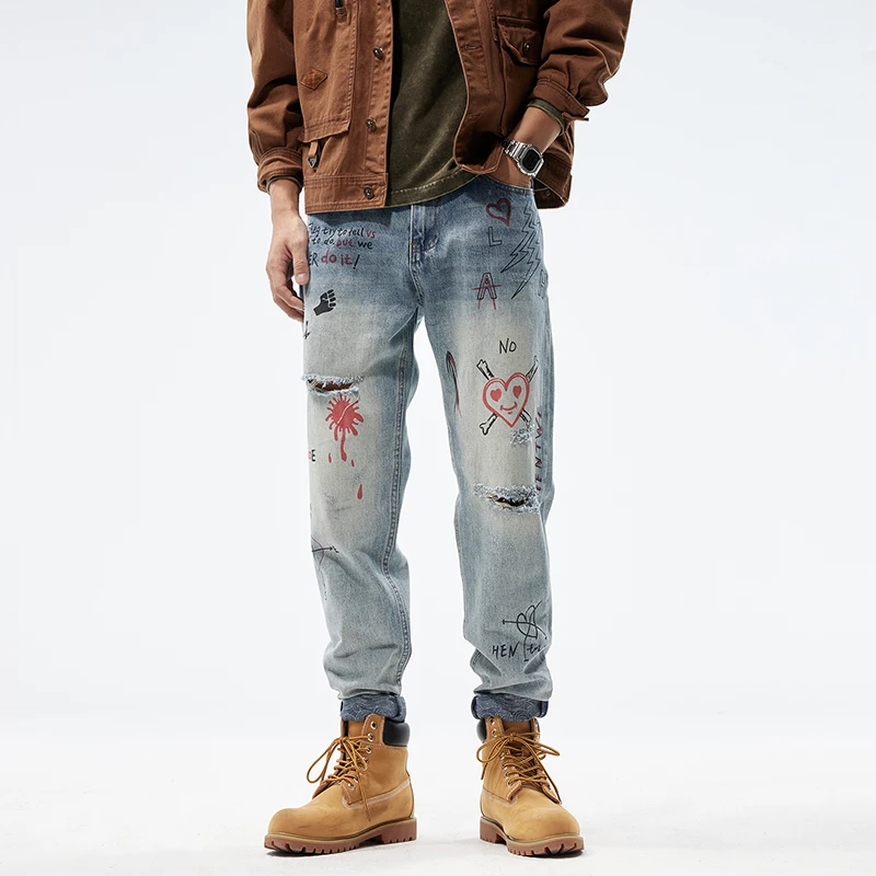 Vintage Men\'s Jeans Washed High-end personality print loose fashion Y2k casual pants denim straight high street hip hop pants