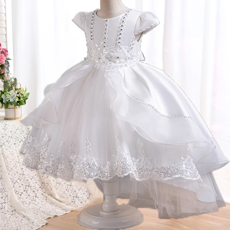 Girl New Princess Dress Embroidery Birthday Lace trailing Elegant Party graduate Ball Gown Summer  Campus Dance Tail Dress 4-12Y