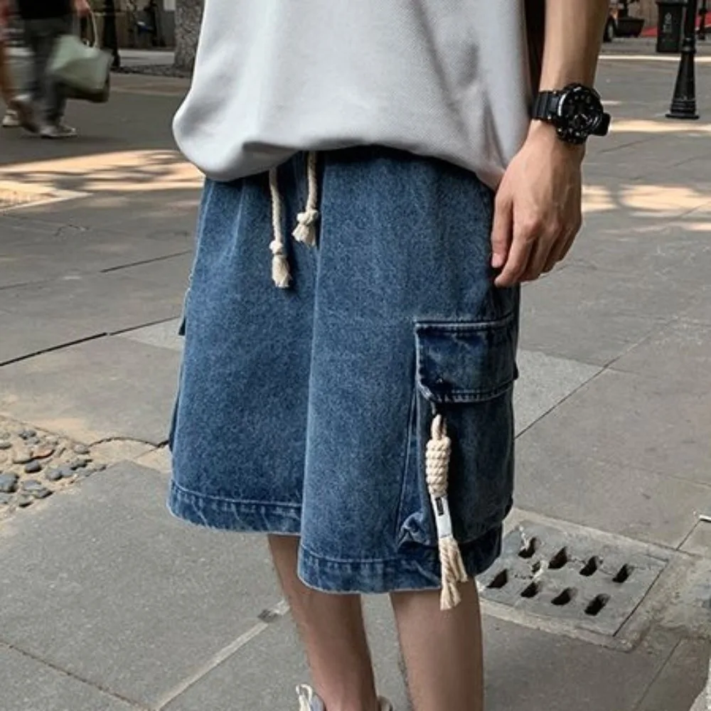 

Casual Drawstring Denim Shorts Men Wide Leg High Waist Baggy Blue Short Jeans Loose Trousers Denim Knee Length Pants Unisex