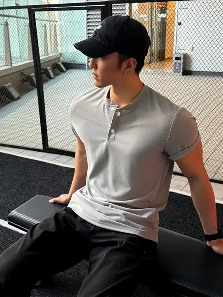 

Мужская летняя футболка Henry Collar с коротким рукавом, американского кроя, облегающая, подчеркивающая мускулатуру, с идеальной длиной рукава