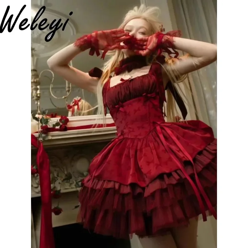 Lolita Princess Small Ribbon Red Short Cake Dress for Women Fairy Ladies Sweet Slimming Waist Suspender Dresses with Inner Top