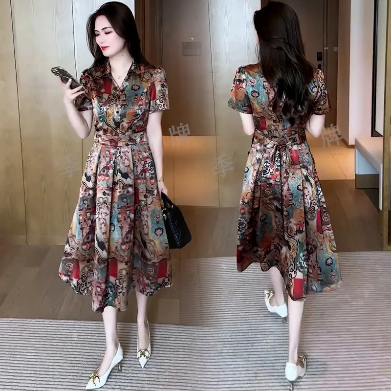 Elegant Graceful Satin Floral Dress Women2024Summer New High-Grade Waist-Controlled Lace-up Light Luxury Midi Dress