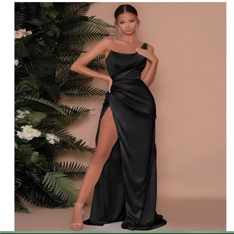 

Sexy Elegant Gold One Shoulder Satin Ruched Prom Dress Backless With Split Formal Dress Long Ruched Satin Bridesmaid Dresses