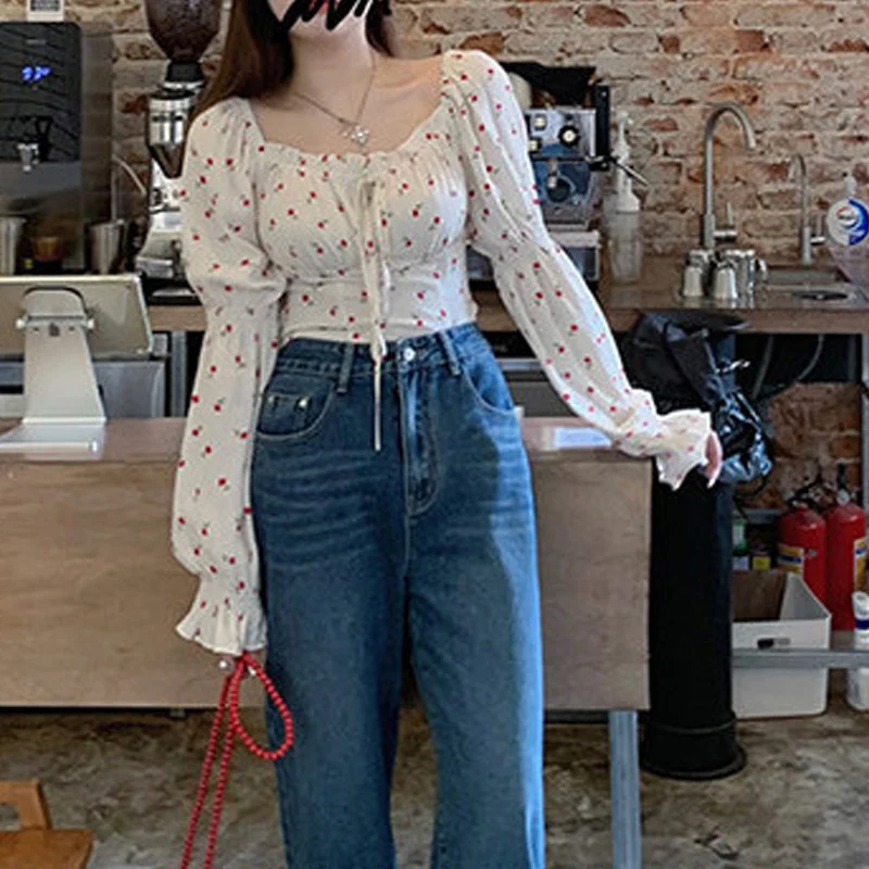 Spring Summer Floral Printing Fashion Lantern Sleeve Blouse Women High Street Casual Lacing Pleated Elegant All-match Pullovers