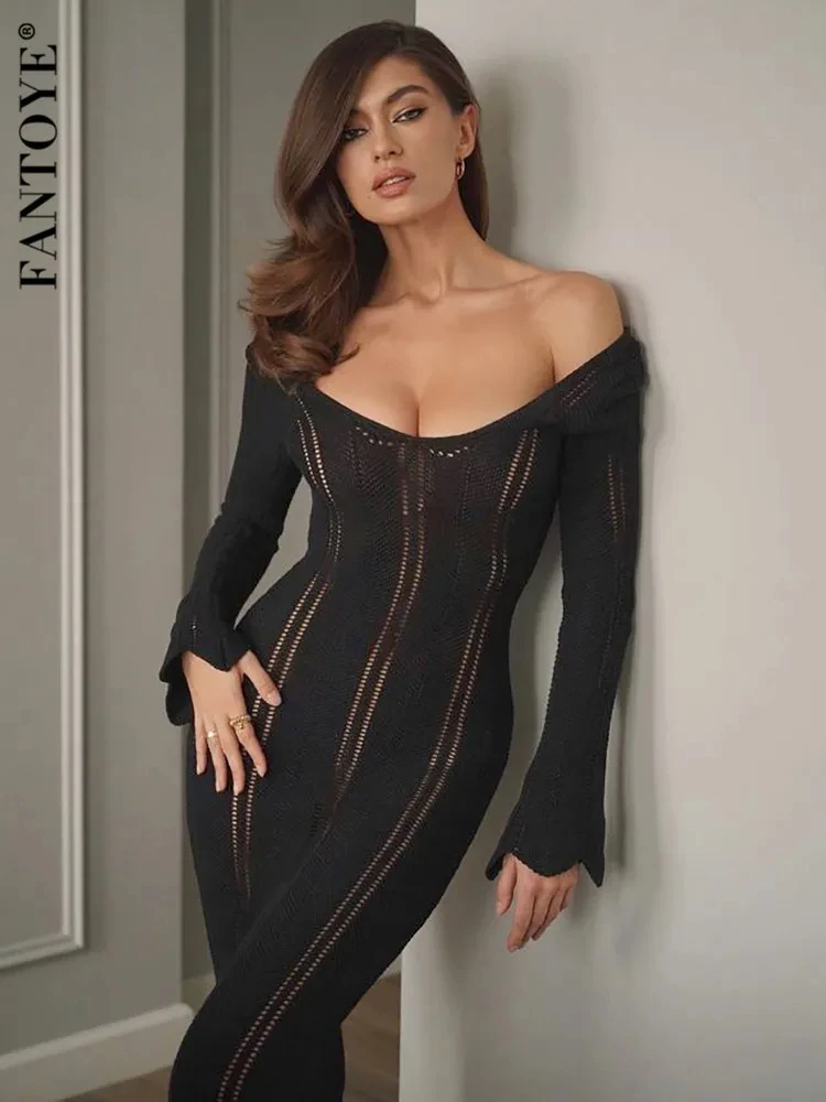 Sexy Knitted Hollow Out Long Sleeve Beach Maxi Dress Women Holiday Outfit Elegant Off Shoulder Slim Dress Summer Evening Vesidos