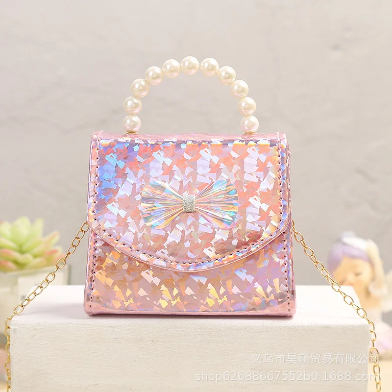 Child Small Fragrant Wind New Bags Cute Princess Shoulder Bags Sparkling Sequin Backpack Bow Handbag Pearl Girls Crossbody Bags