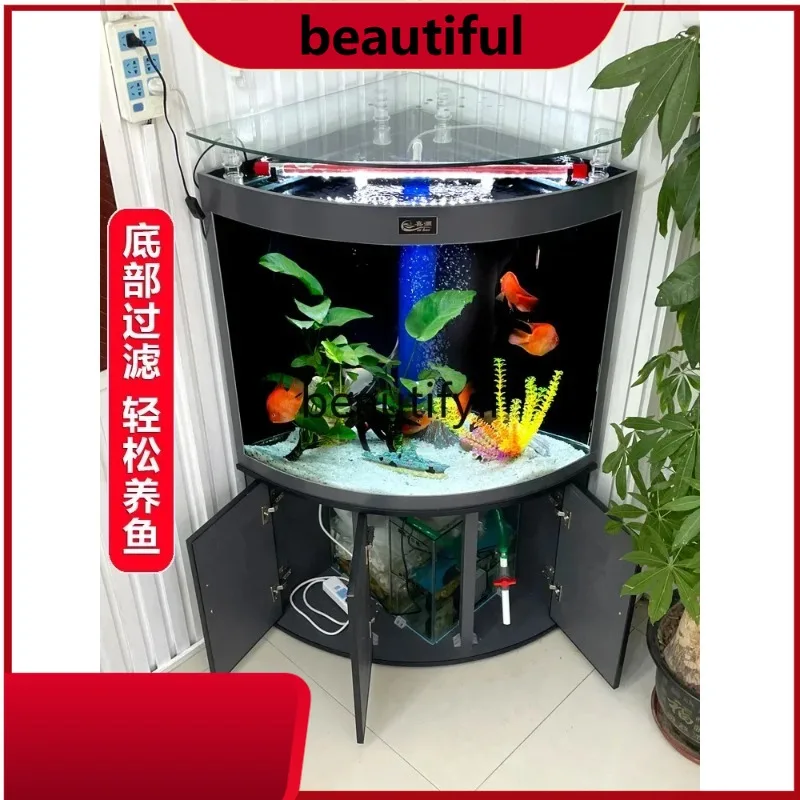 

Triangular right-angle fish tank living room aquarium creative curved glass medium and large wall screen tank hH