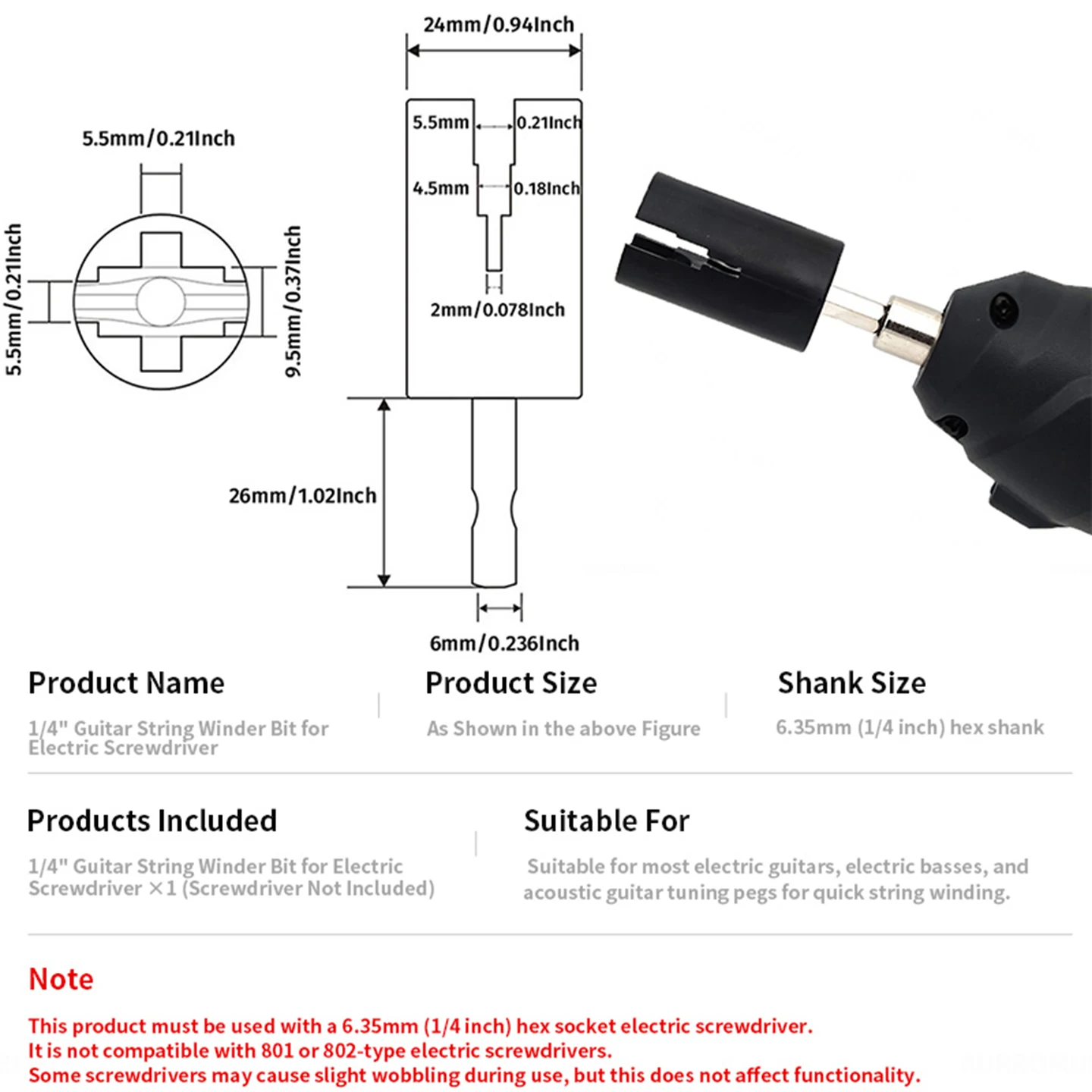 Guitar String Winder Drill Bit, Electric Peg Winder Tool for Acoustic Electric Bass, Fits Power Drill Screwdriver