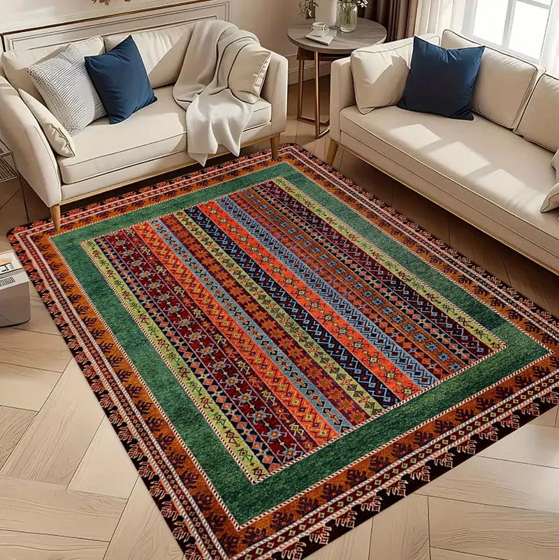 Large ethnic rug placed under a coffee table in a modern living room