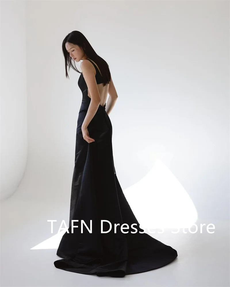 TAFN Simple Black Formal Evening Dresses Korea Photo shoot Straps Cut-Out Waist Floor length Beach Formal Party Dress Customized